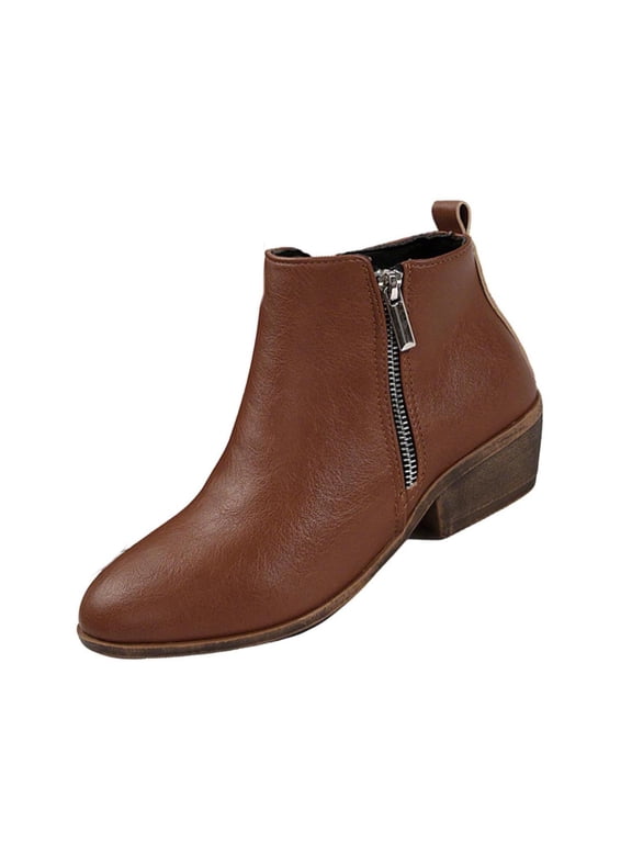 Womens Fashion Chunky Block Heel Ankle Boots Round Toe Side Zipper Pull on Booties for Women Comfortable Casual Winter Slip Resistant Boots Brown
