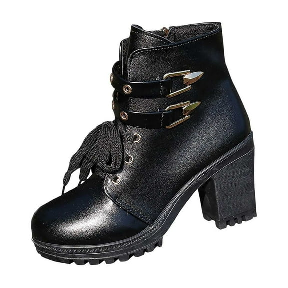 Xfvqtps Womens Fashion Chunky Heel Ankle Boots Buckle Lace up Martin Boots Faux Leather Mid Heel Winter Boots for Casual Outdoor Dress Black