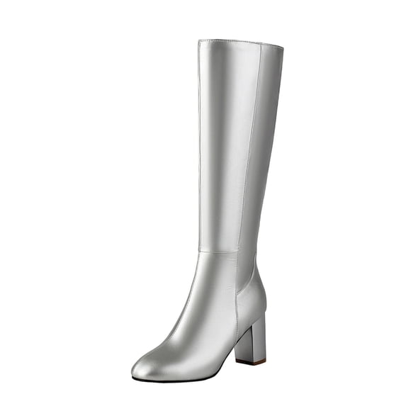 Xfvqtps Womens Fashion High Heel Knee High Boots with Side Zipper Pointed Toe Long Boots for Women Winter Stylish Dress Boots Silver