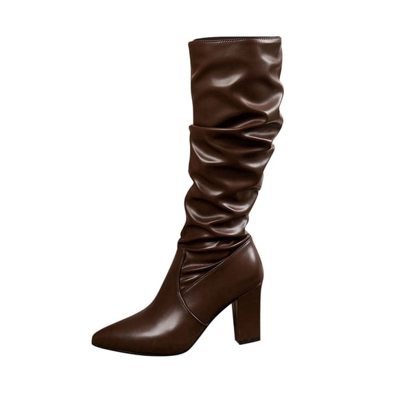 Xfvqtps Womens Fashion Knee High Boots Slouchy Casual Chunky Block Heel Boots for Women Faux Leather Pull on Winter Boots Comfortable Boots