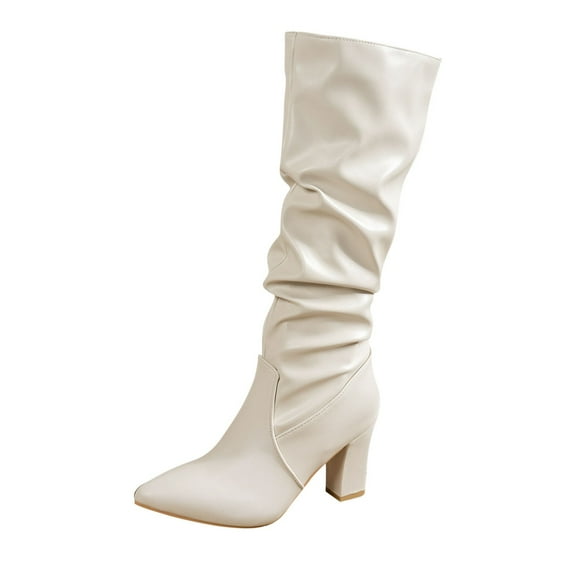 Xfvqtps Womens Fashion Knee High Boots Slouchy Casual Chunky Block Heel Boots for Women Faux Leather Pull on Winter Boots Comfortable Boots White
