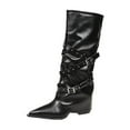 thumbnail image 1 of Xfvqtps Womens Fashion Knee High Boots with Adjustable Buckle Straps Low Wedge Heel Pointed Toe Comfortable Casual Winter Boots for Women Black, 1 of 8