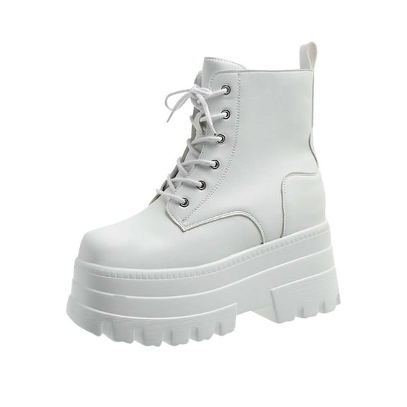 Xfvqtps Womens Fashion Ankle Boots Winter Chunky Heel Boots with Side Zipper Lace up Patent Leather Comfortable Streetwear Boots White
