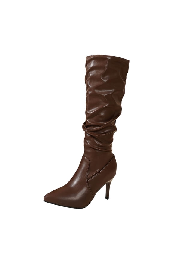 Womens Fashion Slouchy Knee High Boots Flat Sole Winter Boots Pointed Toe Faux Leather Casual Dress Boots for Women Coffee