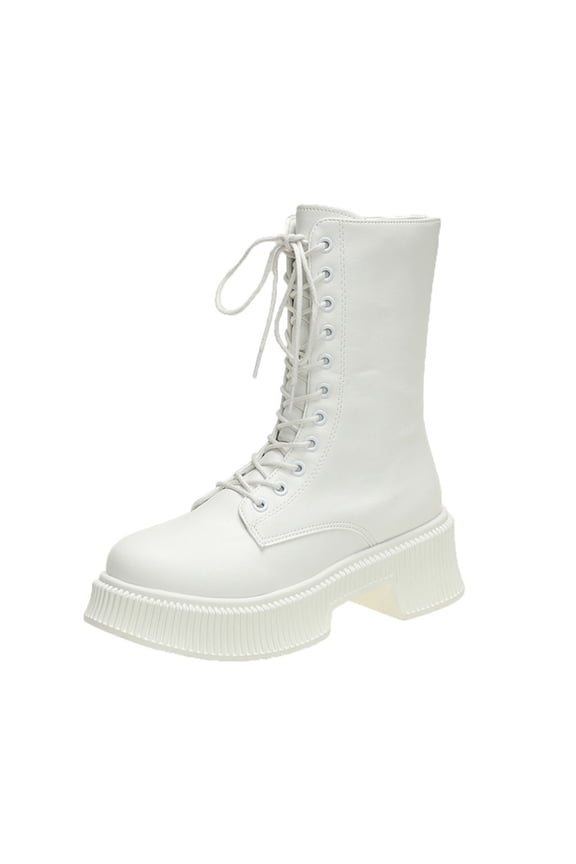 Womens Fashion Winter Ankle Boots Chunky Heel Booties Waterproof Faux Leather Shoes Non Slip Sole Outdoor Hiking Boots Comfortable White