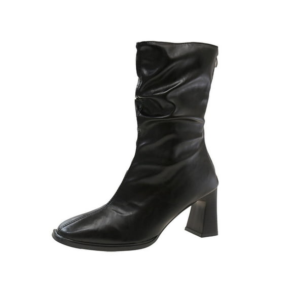 Xfvqtps Womens Fashion Winter Boots Mid Calf Chunky Heel Boots with Back Zipper Pleated Stacked Booties Comfortable Casual Shoes for Women Black