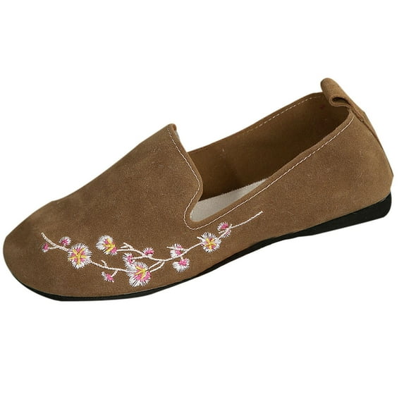 Xfvqtps Womens Fashionable Casual Floral Embroidered Moccasin Flat Shoes Round Toe Comfortable Slip on Loafers for Everyday Wear Brown