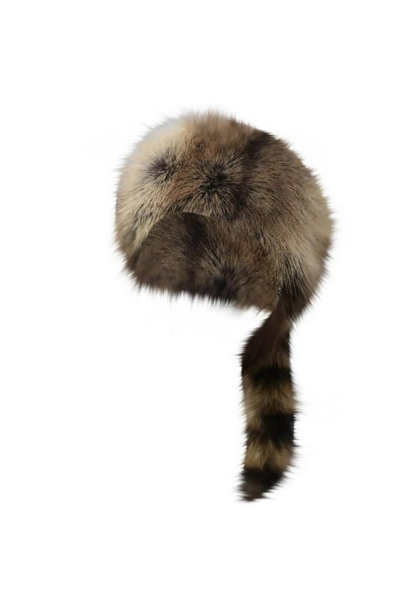 Womens Faux Fur Hat with Fluffy Furry Tail Cute Raccoon Round Brim Thickened Windproof Coldproof Warm Outdoor Winter Plush Hat Gray