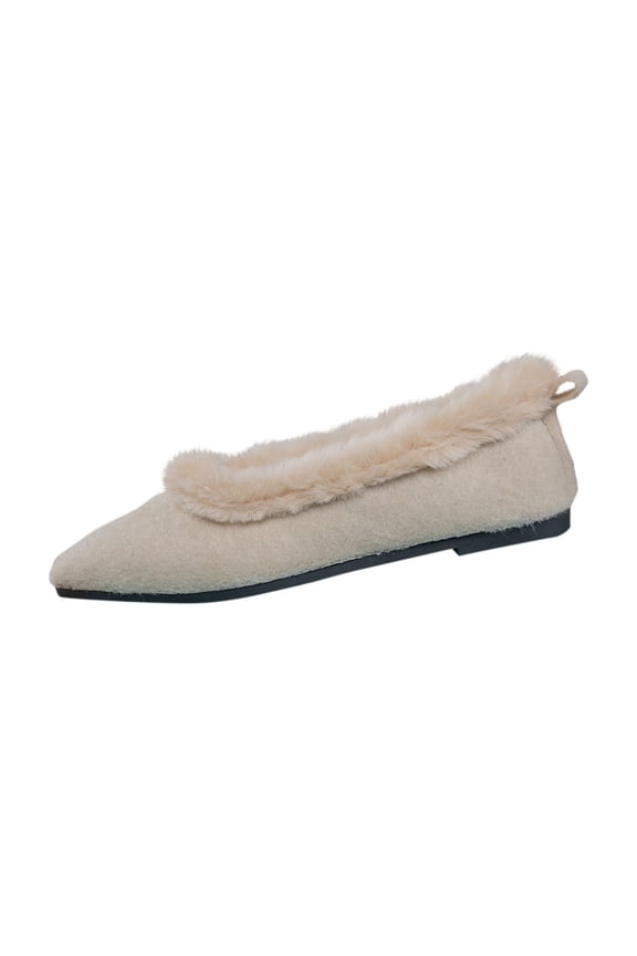 Womens Faux Fur Lined Pointed Toe Flats Winter Comfort Shoes Slip on Moccasins Warm Indoor Outdoor Casual Wear Beige