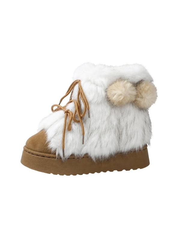 Womens Faux Fur Mid Calf Winter Boots Pom Pom Bow Decor Lace up Non Slip Thick Sole Warm Snow Booties