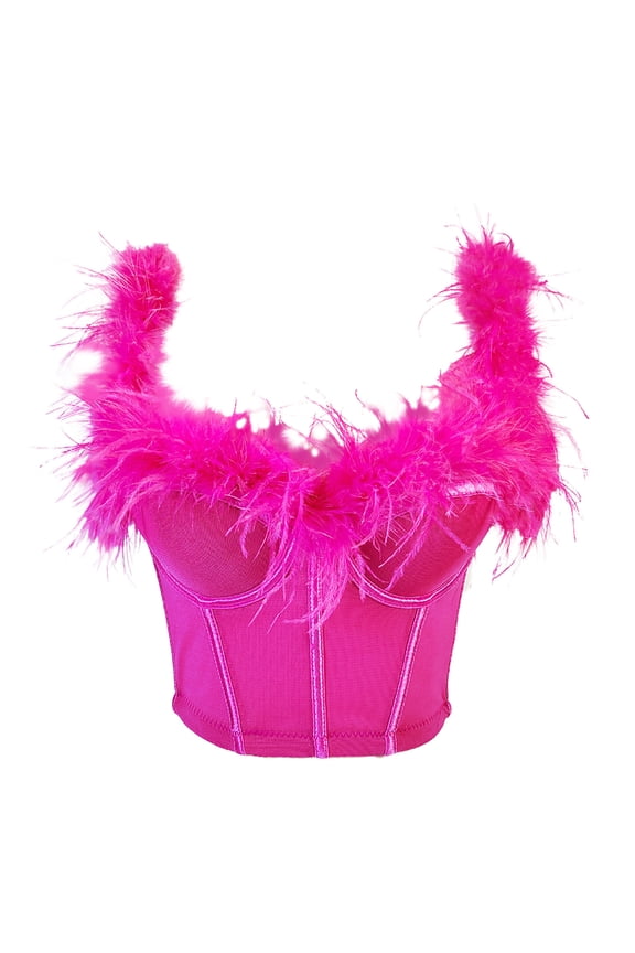 Womens Feather Corset Crop Tops Sling Tube Top Spaghetti Straps Bustier Vest Flexible Boned Support Hot Pink