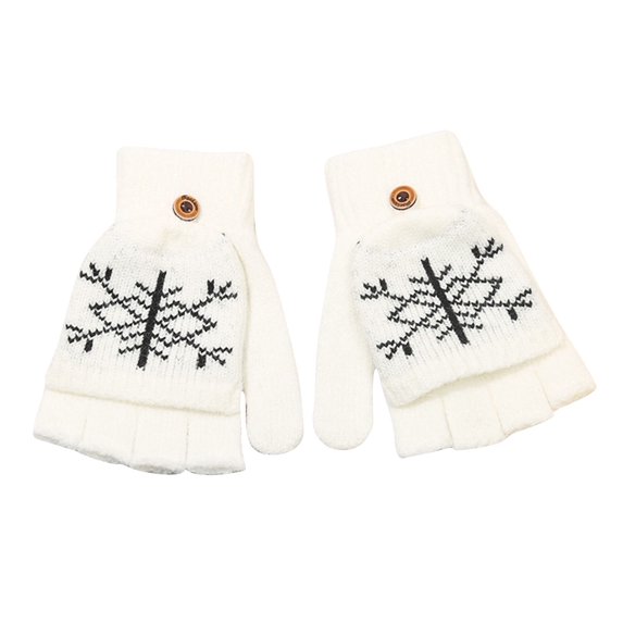 Xfvqtps Womens Fingerless Gloves with Flip Cover Plush Knitting Christmas Snowflake Print Sweet Windproof Warm for Cold Weather Winter Mittens White