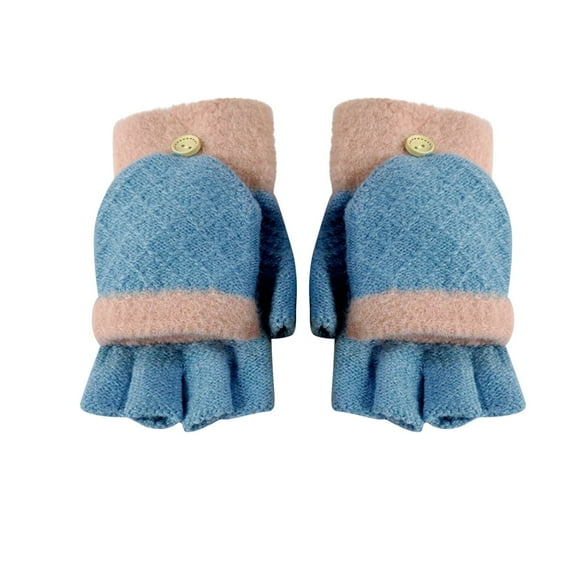 Xfvqtps Womens Fingerless Gloves with Flip Cover Plush Knitting Color Blocking Simplicity Windproof Warm for Cold Weather Winter Mittens Light Blue