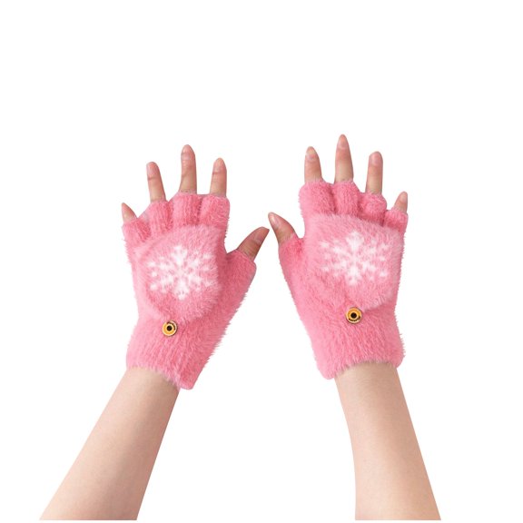Xfvqtps Womens Fingerless Gloves with Flip Cover Plush Knitting Snowflake Sweet Windproof Warm for Cold Weather Winter Mittens Pink