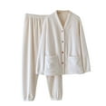 thumbnail image 1 of Xfvqtps Womens Flannel Pajama Set Tops with Pockets V Neck Open Front with Button Long Sleeve Long Leg Solid Color Stripe Cozy Comfortable Soft House Casual Warm Winter Top and Pants Set Beige, 1 of 9