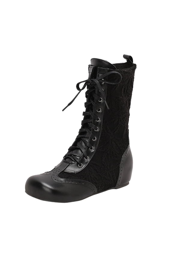 Womens Flat Mid Calf Boots Lace up Winter Booties Breathable Mesh Faux Leather with Fleece Lining Warm Comfortable Shoes