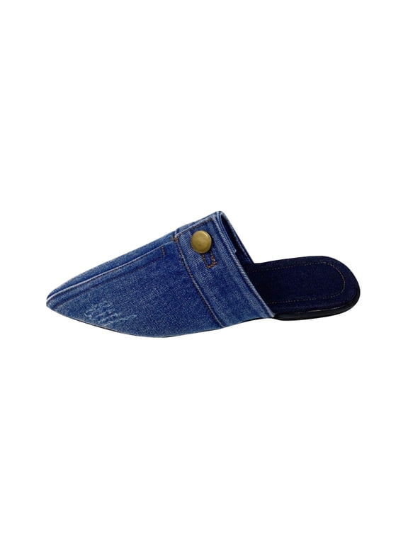 Womens Flat Mules Closed Pointed Toe Slide Backless Denim Canvas Vintage Non Slip Comfortable Walking Sandals Dark Blue