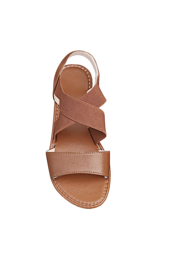 Womens Flat Sandals Open Toe Slip on Double Cross Elastic Straps Solid Color Simple Non Slip Breathable Lightweight Casual Fashion Summer Leather Sandals Brown