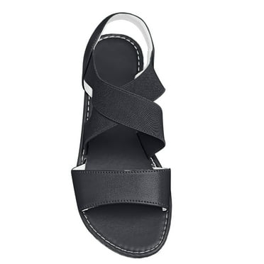 Xfvqtps Womens Flat Sandals Open Toe Slip on Double Cross Elastic Straps Solid Color Simple Non Slip Breathable Lightweight Casual Fashion Summer Leather Sandals Black