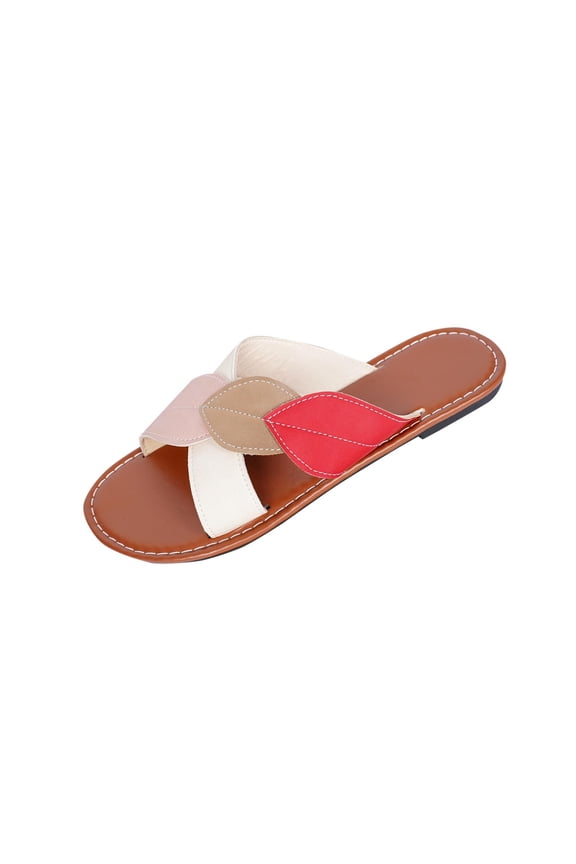 Womens Flat Sandals Peep Toe Casual Color Block Straps Slip on Slippers Comfortable Beach Shoes for Summer