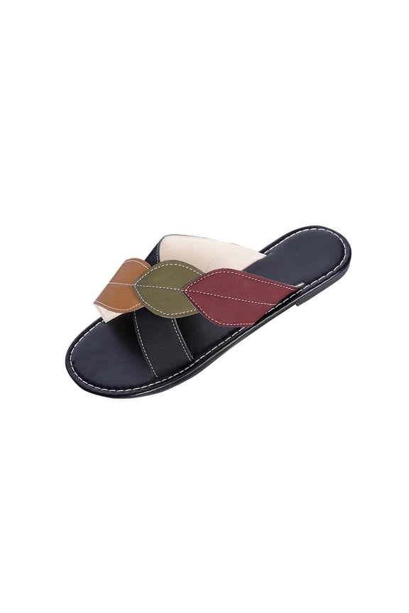 Womens Flat Sandals Peep Toe Casual Color Block Straps Slip on Slippers Comfortable Beach Shoes for Summer