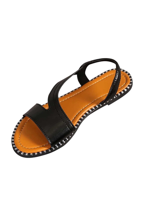 Womens Flat Sandals Slide Open Toe Solid Color Simple Leather Casual Summer Sandals Black
