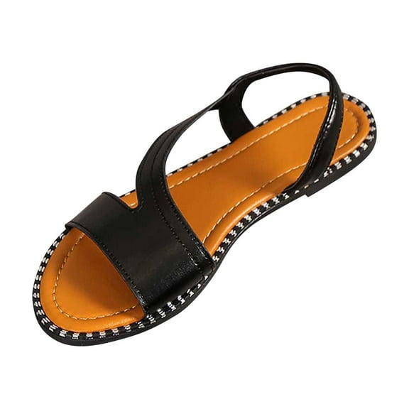 Xfvqtps Womens Flat Sandals Slide Open Toe Solid Color Simple Leather Casual Summer Sandals Black
