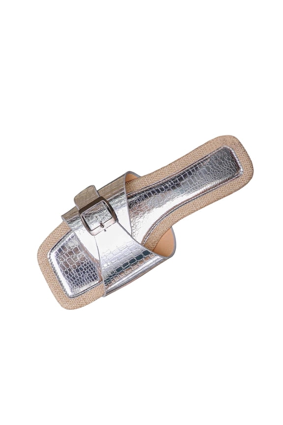 Womens Flat Sandals Slides Metallic Buckle Open Square Toe Vintage Casual Outdoor Spring Summer Slippers