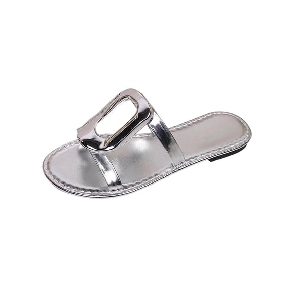 Xfvqtps Womens Flat Sandals Slides Metallic Buckle Open Toe Non Slip Lightweight Slip on Slippers for Spring Summer