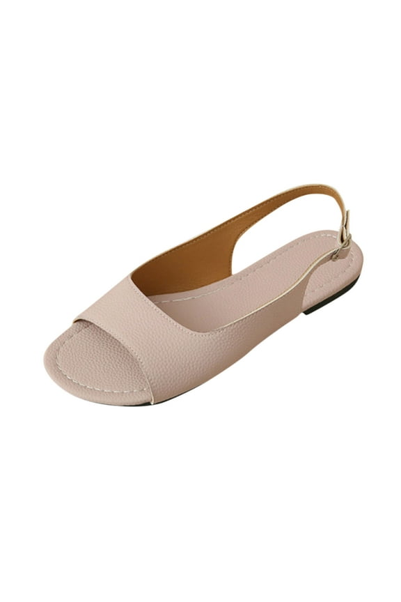 Womens Flat Sandals Slingback Adjustable Buckle Strap Open Toe Solid Color Simple Leather Sandals Pink
