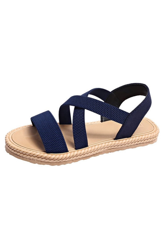 Womens Flat Sandals Slip on Cross Straps Elastic Open Toe Thick Sole Summer Beach Sandals Dark Blue