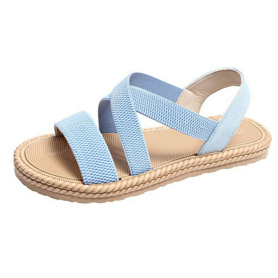 Xfvqtps Womens Flat Sandals Slip on Cross Straps Elastic Open Toe Thick Sole Summer Beach Sandals Light Blue