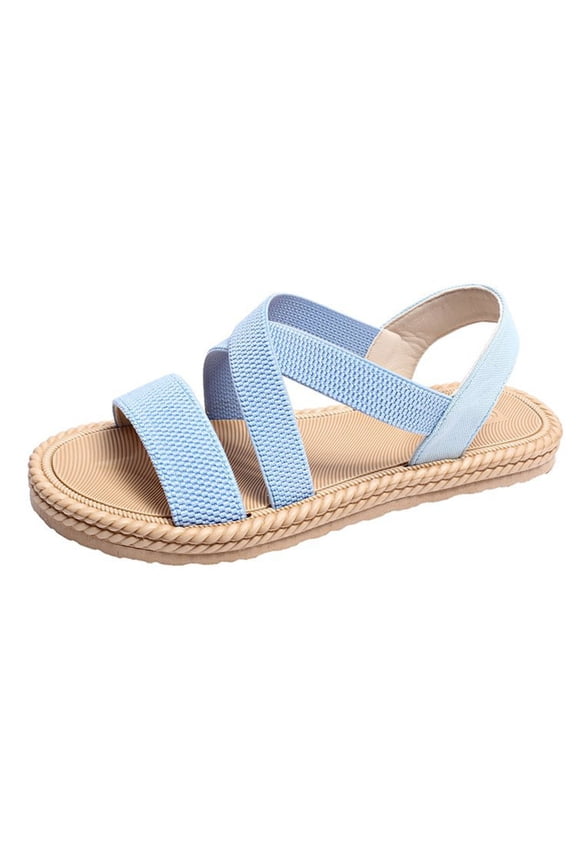 Womens Flat Sandals Slip on Cross Straps Elastic Open Toe Thick Sole Summer Beach Sandals Light Blue