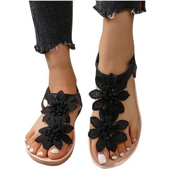 Xfvqtps Womens Flat Sandals Thong Elastic Strap Flower Embroidery Decor Non Slip Beach Summer Sandals Black