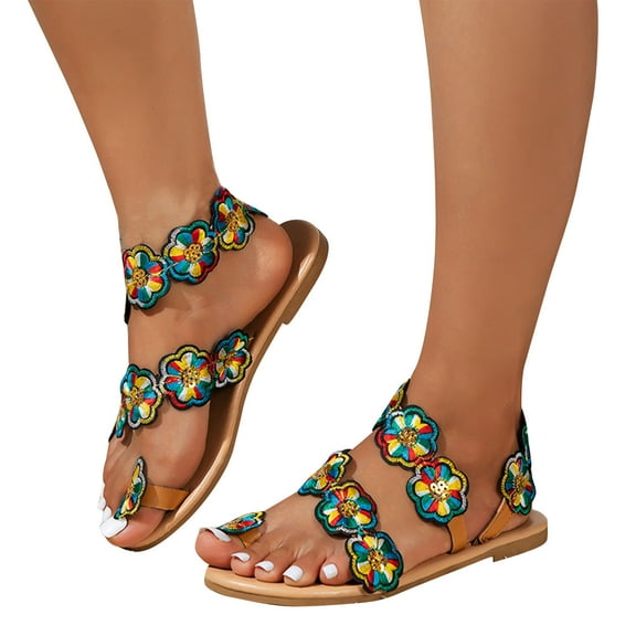 Xfvqtps Womens Flat Sandals Toe Ring Clip Toe Slip on Color Block Flower Sequin Decor Colorful Non Slip Breathable Lightweight Summer Roman Sandals Army Green