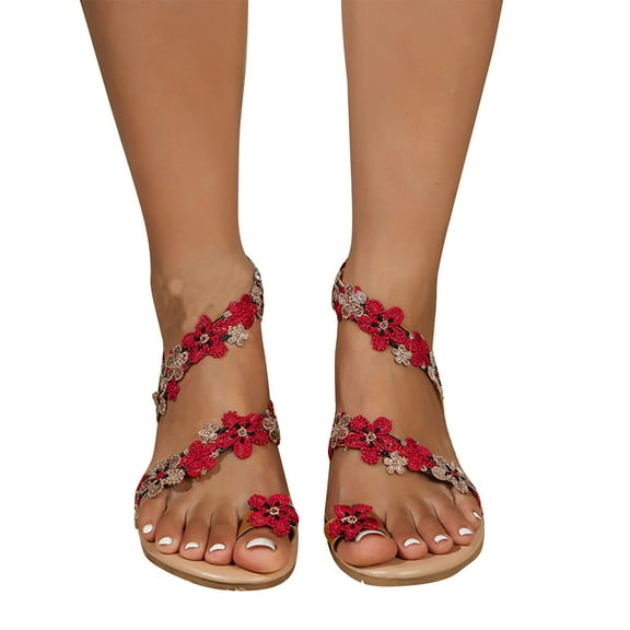 Xfvqtps Womens Flat Sandals Toe Ring Clip Toe Slip on Color Block Flower Lace Decor Non Slip Breathable Lightweight Summer Roman Sandals Red