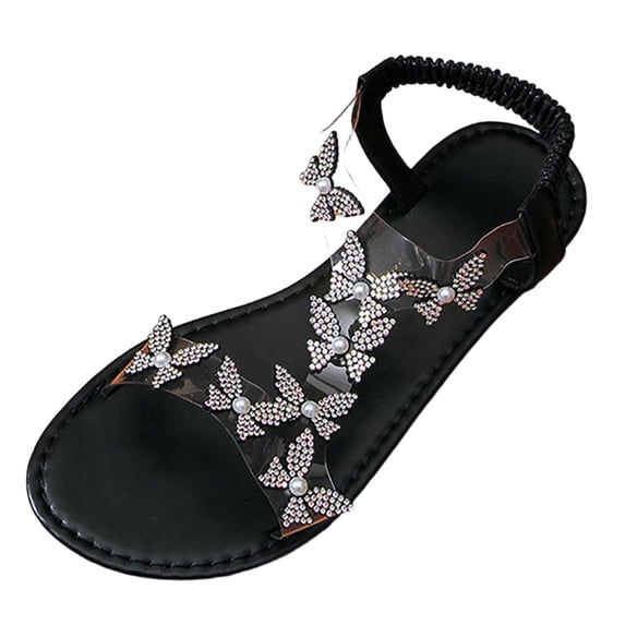 Xfvqtps Womens Flat Sandals Transparent Straps Rhinestone Butterfl Elastic Strap Slip on Shoes Casual Summer Sandals Lightweight Beach Shoes