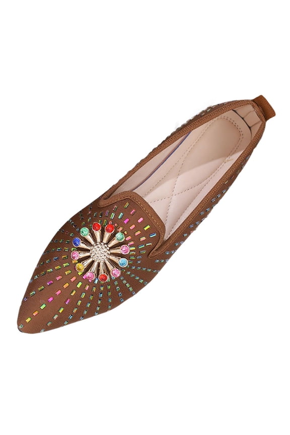 Womens Flat Shoes Pointed Toe Rhinestone Embellishment Moccasins Quilted Insole Slip on Casual Flats Comfortable Everyday Shoes Brown