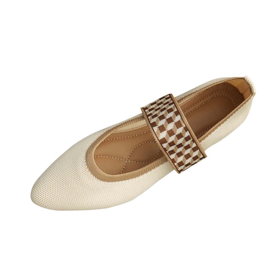Xfvqtps Womens Flats Shoes Hollow out Pointed Toe Print Knit Washable Ballet Comfortable Dressy Mary Jane Flat Beige