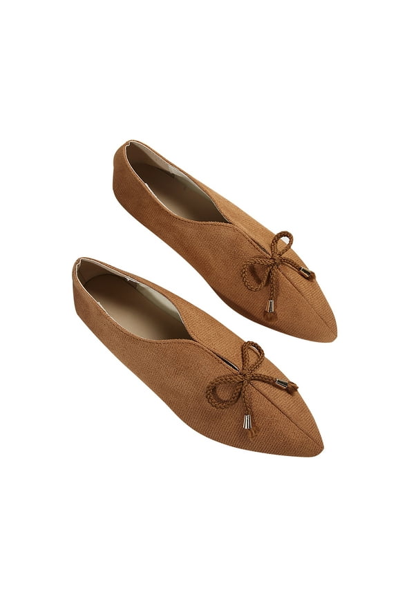 Womens Flats Suede Pointed Toe Bow Slip on Solid Color Soft Sole Non Slip Comfortable Spring Ballet Shoes Brown