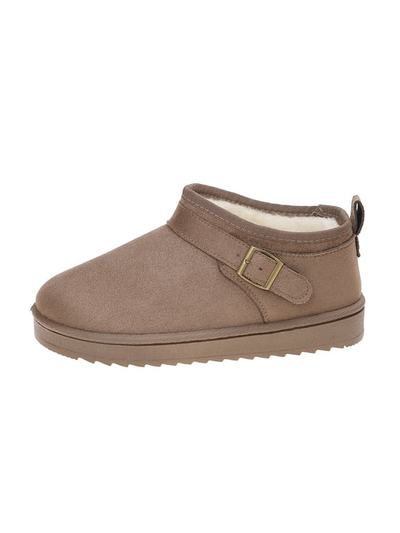 Womens Fleece Lined Mini Snow Boots Buckle Strap Faux Suede Warm Slip on Winter Booties