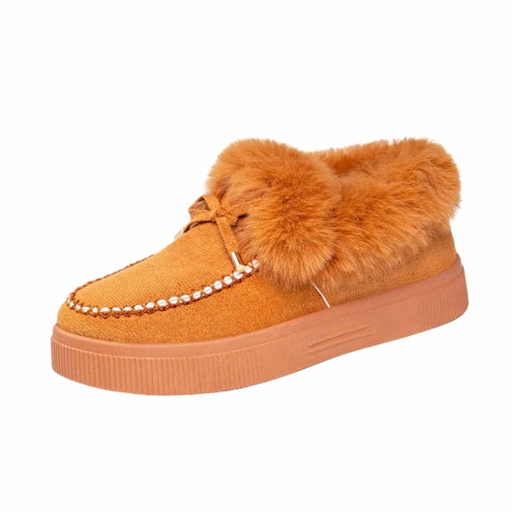Xfvqtps Womens Fleece Lined Snow Boots Thick Soled Flat Shoes Round Toe Casual Winter Shoes Non Slip Sole Slip on Brown