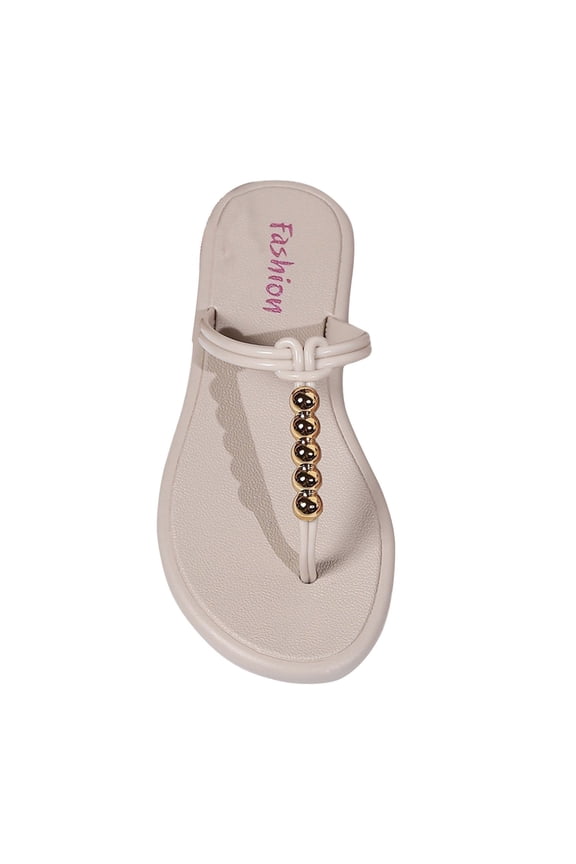 Womens Flip Flops Large Size Beaded Flat Bottomed Split Toe Fashion Breathable Comfortable Non-Slip Summer Beach Casual Slippers Beige