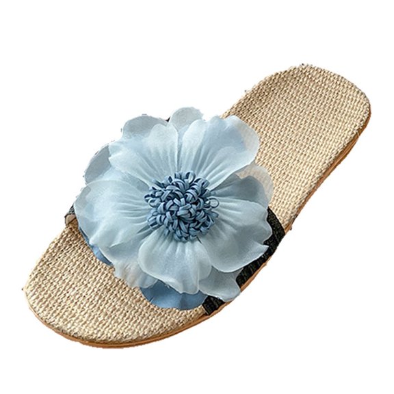 Xfvqtps Womens Flower Decor Linen Slide Sandals Open Toe Slip on Non Slip Flat Slipper Beach Shoes Black