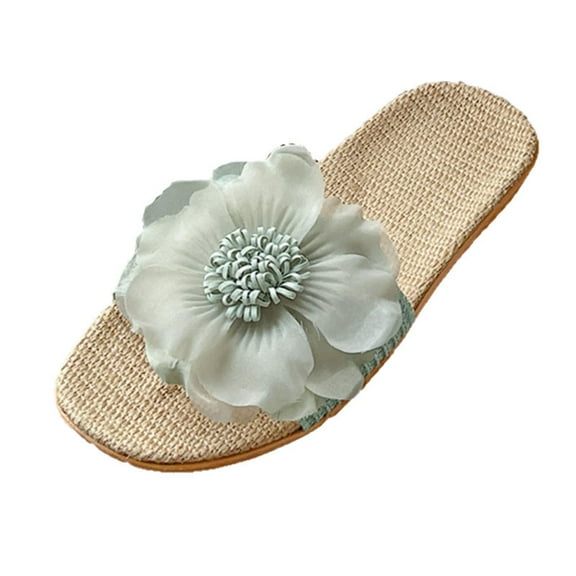 Xfvqtps Womens Flower Decor Linen Slide Sandals Open Toe Slip on Non Slip Flat Slipper Beach Shoes Green