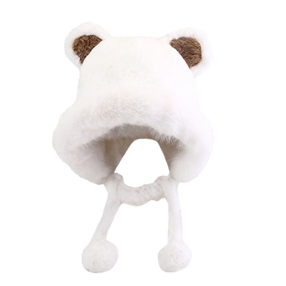 Xfvqtps Womens Fluffy Plush Hat Cute Bear Ear Thickened Fleece Pompom Strap Coldproof Warm Outdoor Versatile Fall Winter Beanie White