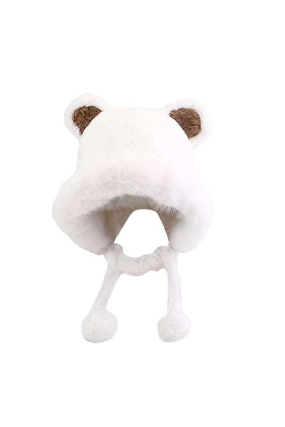 Womens Fluffy Plush Hat Cute Bear Ear Thickened Fleece Pompom Strap Coldproof Warm Outdoor Versatile Fall Winter Beanie White