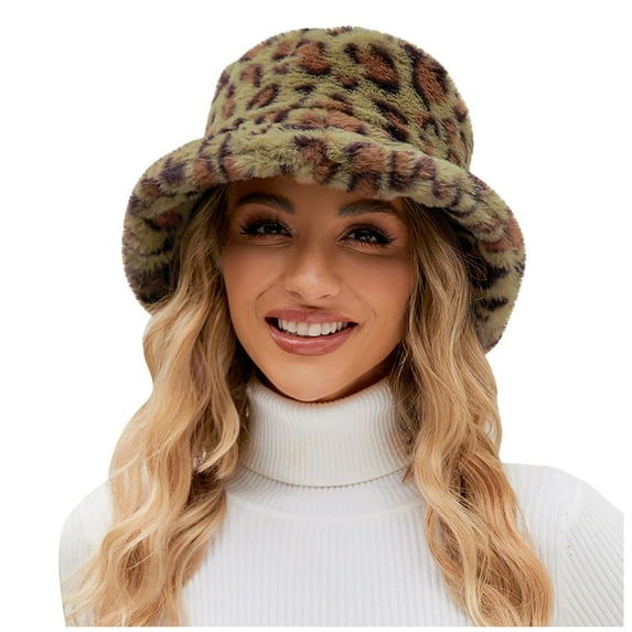 Xfvqtps Womens Fulffy Bucket Hat Fuzzy Leopard Print Fashion Thickened Windproof Coldproof Warm Winter Fishing Hat Green