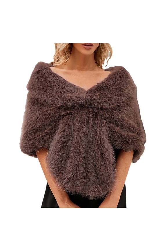 Womens Fur Shawls Fluffy Plush Solid Color Open Front Poncho Bridal Wedding Party Christmas Gift Elegant Comfortable Thickened Warm Winter Pashmina Coffee