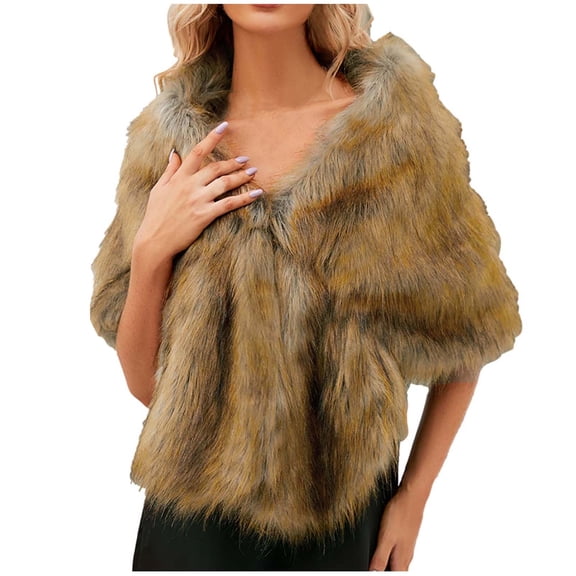 Xfvqtps Womens Fur Shawls Fluffy Plush Solid Color Open Front Poncho Elegant Thickened Warm Comfortable Winter Bridal Wedding Party Pashmina Brown-01